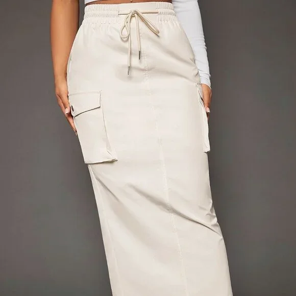 Beige Casual Womens Drawstring Waist Flap Pocket Side Cargo Skirt - Picture 3 of 5